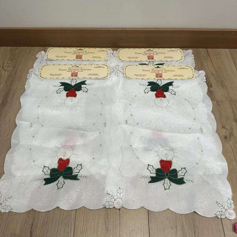 Vintage New Old Stock Classic Christmas Placemats White Candle Embroidered 14x20